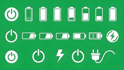 Battery level, power button, and charging icons isolated on green screen for interface and technology visuals.