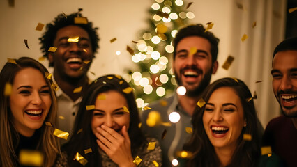 A vibrant and dynamic celebration with diverse friends, golden confetti swirling around joyful faces, a lively scene reminiscent of vivid illustrations, capturing pure happiness