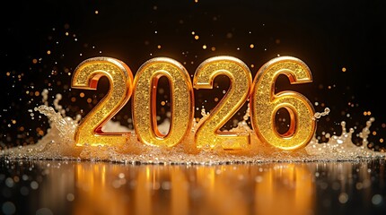 Glittering golden &ldquo;2026&rdquo; digits shine against a dark background, surrounded by dynamic splash effects that resemble liquid motion.