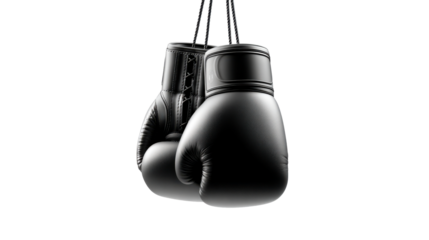 A sleek pair of black boxing gloves hanging by their laces creates a powerful visual for sports, fitness, or competitionrelated promotions and materials.