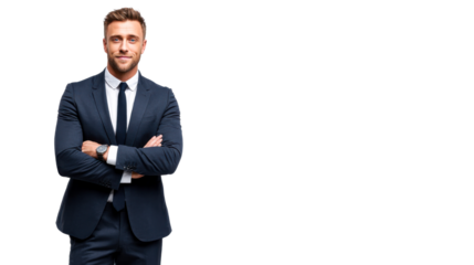 Confident and approachable businessman in a sharp navy suit with arms crossed smiling gently, ideal for corporate branding, business presentations, and professional profiles.