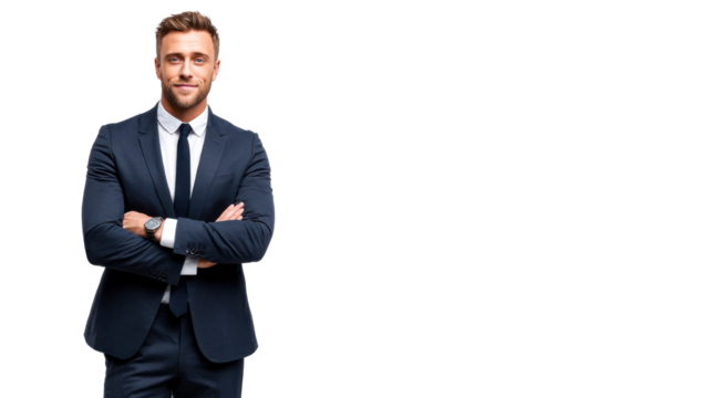 Confident and approachable businessman in a sharp navy suit with arms crossed smiling gently, ideal for corporate branding, business presentations, and professional profiles. - Powered by Adobe