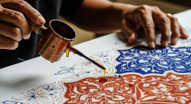 Artist applying hot wax to create batik textile art.