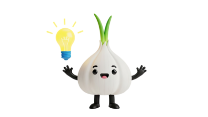 3D Cute cartoon garlic character with a bright idea lightbulb on transparent background