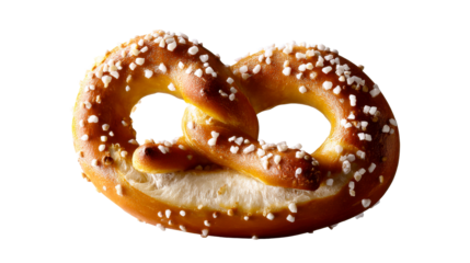 Delicious golden brown freshly baked pretzel topped with large salt crystals, perfect for food blogs, restaurant menus, bakery promotions, snack advertisements, and culinary showcases.