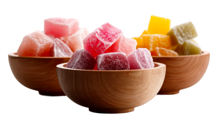 Assortment of vibrant sugary square candies in natural wooden bowls presented for confectionery displays, dessert promotions, and sweet snack food advertisements.