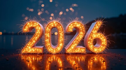 Sparkling 2026 digits with fireworks on dark background. Ideal for festive New Year celebration visuals.