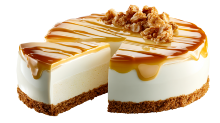 Delicious gourmet caramel cheesecake with a removed slice revealing rich creamy filling and crunchy topping ideal for bakery menus dessert presentations and sweet treat promotions