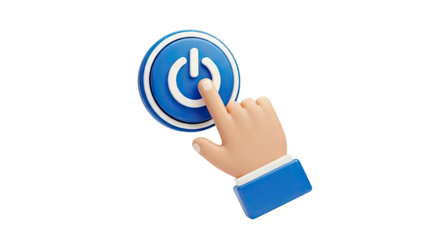 3D Hand pressing blue power button on transparent background