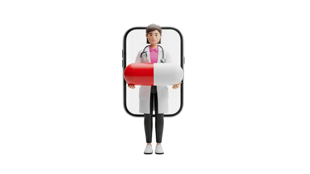 3D Doctor holding a giant red and white capsule in front of a phone screen on transparent background - Powered by Adobe