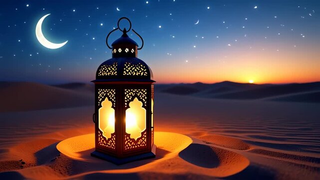Ornate lantern glows in a desert landscape at twilight, with stars and crescent moon visible in the sky