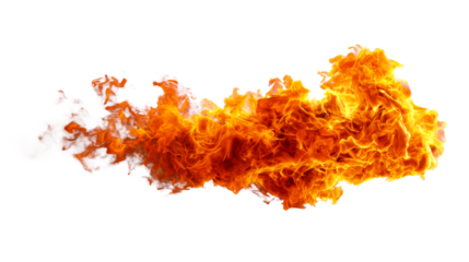 A dynamic explosion of vibrant orange and yellow flames with smoke trails spreading horizontally across the frame, perfect for emphasizing intense energy and power in various visual