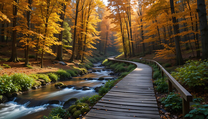 Wooden boardwalk pathway winding through a vibrant autumn forest, golden and orange fall foliage on tall trees, clear flowing stream beside the path, lush green plants along the water, warm natural su