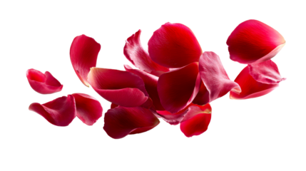 Vibrant red rose petals gracefully floating through the air evoking feelings of romance and passion perfect for elegant wedding announcements and heartfelt Valentines Day greetings