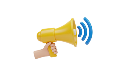 3D Hand holding a yellow megaphone with sound waves on transparent background