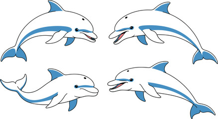Naklejka premium Collection of cute blue and white dolphin vectors featuring various swimming poses and jumping movements isolated on a clean white background set.