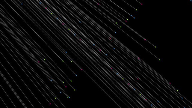 Sleek animation of parallel diagonal lines moving across the dark void. Multi-colored nodes (blue, green, pink, yellow) are attached to the ends of these white streaks, suggesting high-speed transit, 