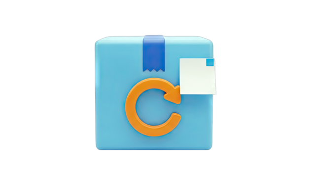 3D Icon of a Package with a Circular Arrow and Sticky Note on transparent background - Powered by Adobe