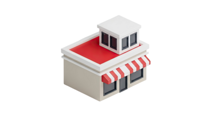 3D Isometric cartoon store building with red awning on transparent background