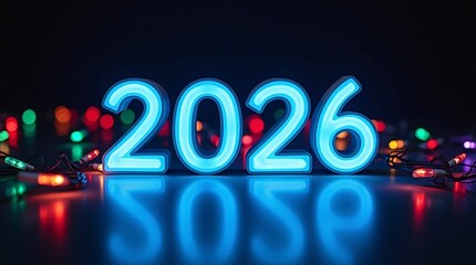 Bright neon-style &ldquo;2026&rdquo; digits glow against a dark background, surrounded by colorful bokeh lights in red, green, blue, and yellow