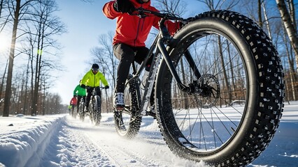 Fototapeta premium Group of cyclists in bright winter jackets riding fat bikes through snowy forest trail, showcasing outdoor adventure and winter sports excitement with copy space