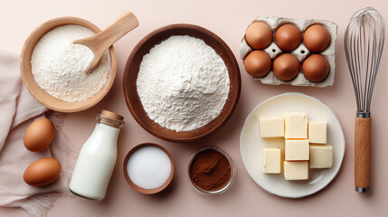 Flat lay of baking ingredients with flour, eggs, butter, and tools on a pastel wooden background, perfect for cooking, homemade dessert, and recipe concepts.