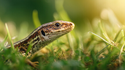 Close up portrait of a small lizard emerging from soft green grass, showing detailed scales and an alert eye, natural wildlife macro scene in a fresh outdoor environment.