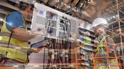 Two men in safety vests and hard hats working on electrical panels in an industrial setting