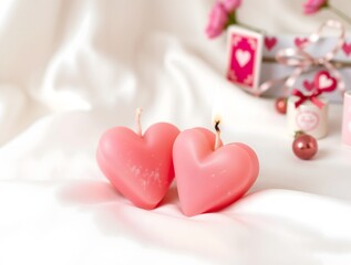 Fototapeta premium simple illustration of pink hearts from soy vegan wax. Handmade candles from natural materials. on fabric background