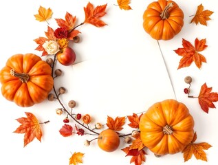 Obraz premium simple illustration of Stylized cute cozy Autumn composition with pumpkins and Empty blank card in paper envelope. maple leaves, flowers and apple. White background