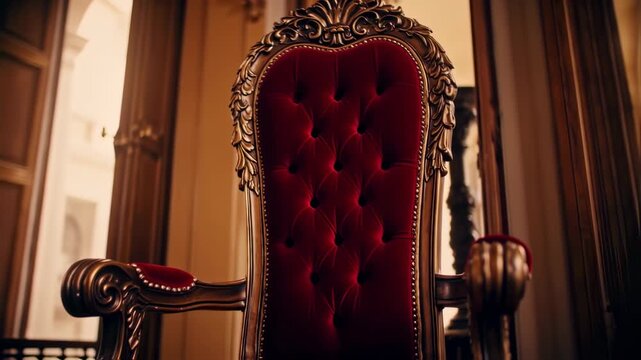 Ornate, red velvet throne chair with gold detailing in a grand room
