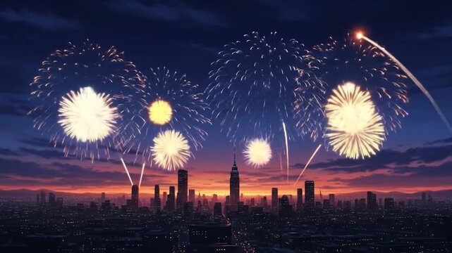A digital illustration of a city skyline at sunset with vibrant fireworks exploding in the night sky. Perfect for celebrations, New Year's Eve promotions, and festive advertisements.