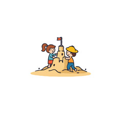 Naklejka premium Playful day by the sea, children building elaborate sandcastles with a little flag on top together