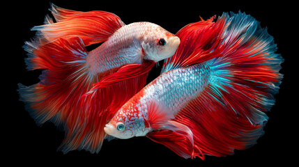 Fototapeta premium Two vibrant betta fish with flowing red fins shimmer in dark water, creating an elegant underwater scene of motion, color, and tropical aquarium beauty.