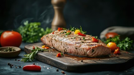 Grilled salmon fillet with vegetables on a wooden board.