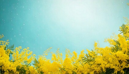 淡い水色のキラキラ背景と黄色いミモザの花の春フレーム