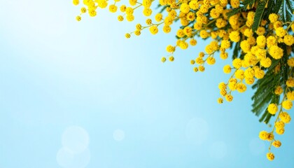 淡い水色のキラキラ背景と黄色いミモザの花の春フレーム