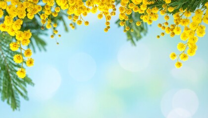 淡い水色のキラキラ背景と黄色いミモザの花の春フレーム