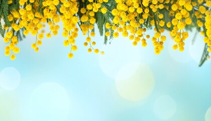 淡い水色のキラキラ背景と黄色いミモザの花の春フレーム