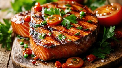 Grilled salmon fillet with cherry tomatoes and herbs.