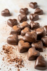 Fototapeta premium Heart shaped chocolates scattered on a white surface, dusted with cocoa powder and small chocolate pieces, symbolizing love and dessert. Valentine's day holiday concept