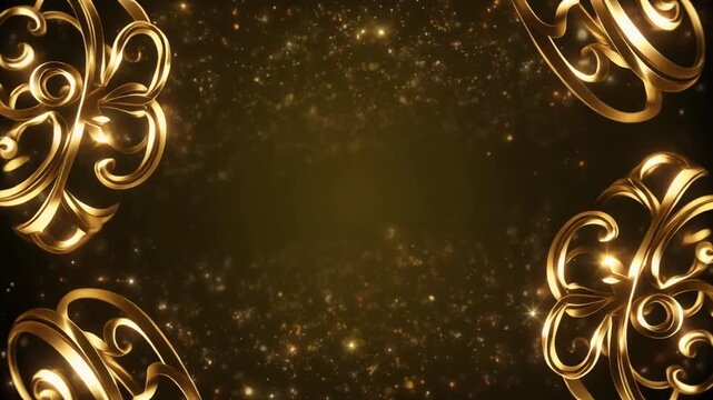 Elegant rotating golden ornaments with soft reflections and sparkling particles in the backg