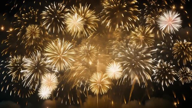 Elegant starburst fireworks shining in gold and white tones