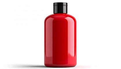A vibrant, glossy, red liquid container with a contrasting black cap and a smooth, curved form. Shadowed on a white backdrop