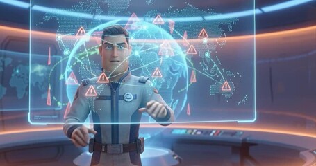Animated man in futuristic control room analyzing global network - Powered by Adobe