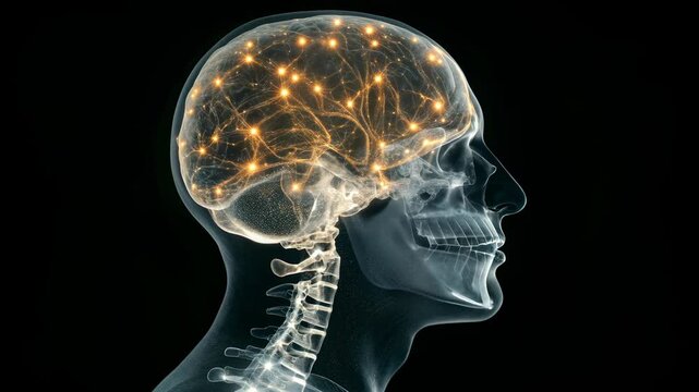 Glowing human brain xray skull neural network neuron activity medical illustration glowing synapse human skull x ray profile with glowing neural