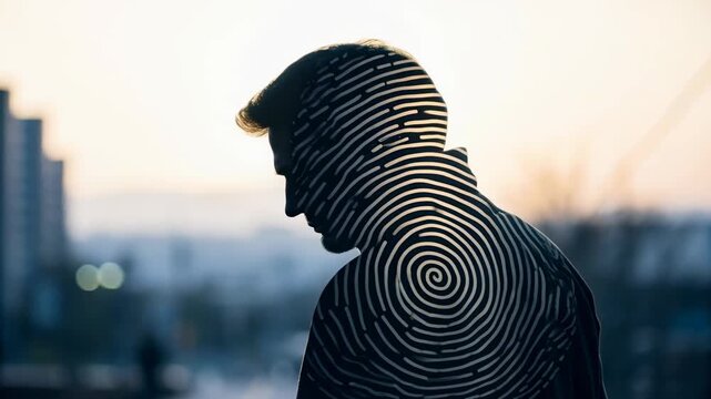 Silhouette man fingerprint spiral overlay double exposure profile backlit. moody urban twilight portrait conveying identity and privacy concern