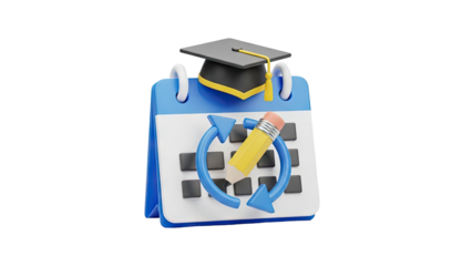 3D Graduation Cap and Calendar with Pencil and Refresh Symbol on transparent background