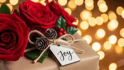 Gift box decorated with red roses and pine cones for christmas