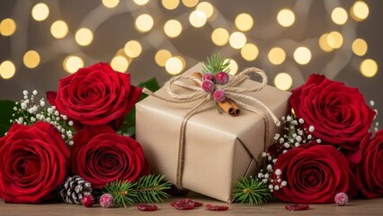 Gift box with red roses and christmas decoration